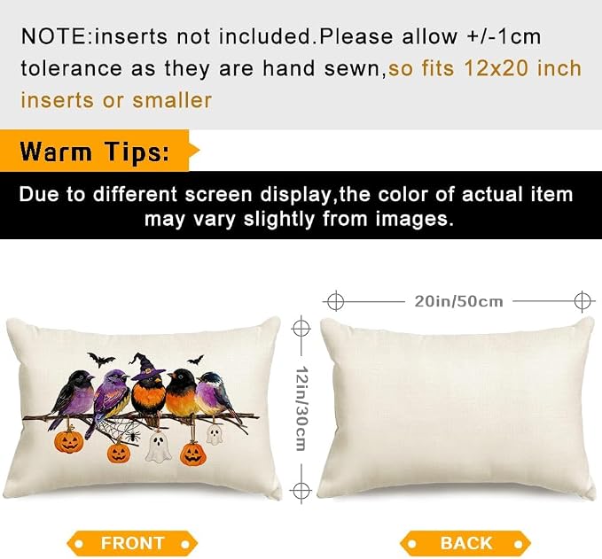 RABUSOFA Halloween Pillow Covers 12x20 Inch Halloween Decorations for Home | Watercolor Birds,Waterproof,Spooky Ghost Pumpkin Bat Halloween Decor,Supplies Accessories for Home Couch Party Patio