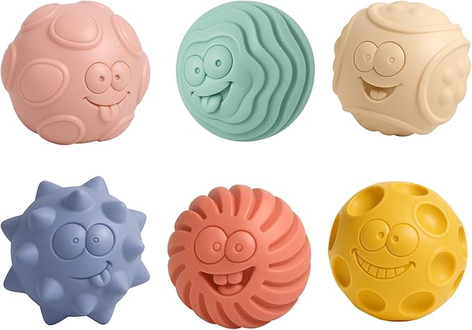 Sensory Balls for Baby, 6PCS Soft Textured Balls for 6-12M | Smiling Faces, Colorful Infant Ball Toys, Tummy Time, Learning & Travel, Montessori Gift for Baby Boys & Girls