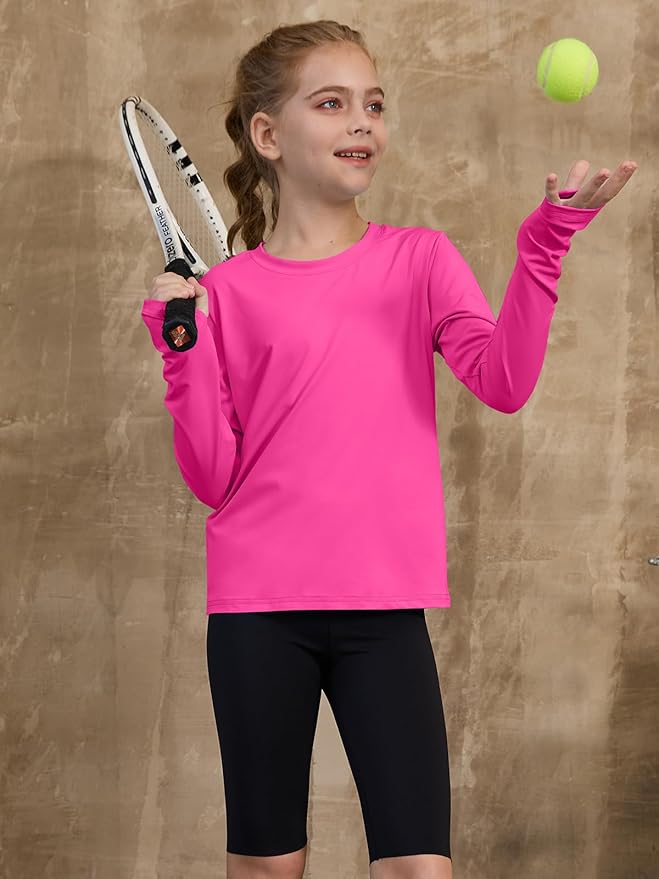 ZDC Girls Long Sleeve Athletic Shirts Kids Crewneck Quick Dry Workout Yoga Tops Basic Tees Activewear