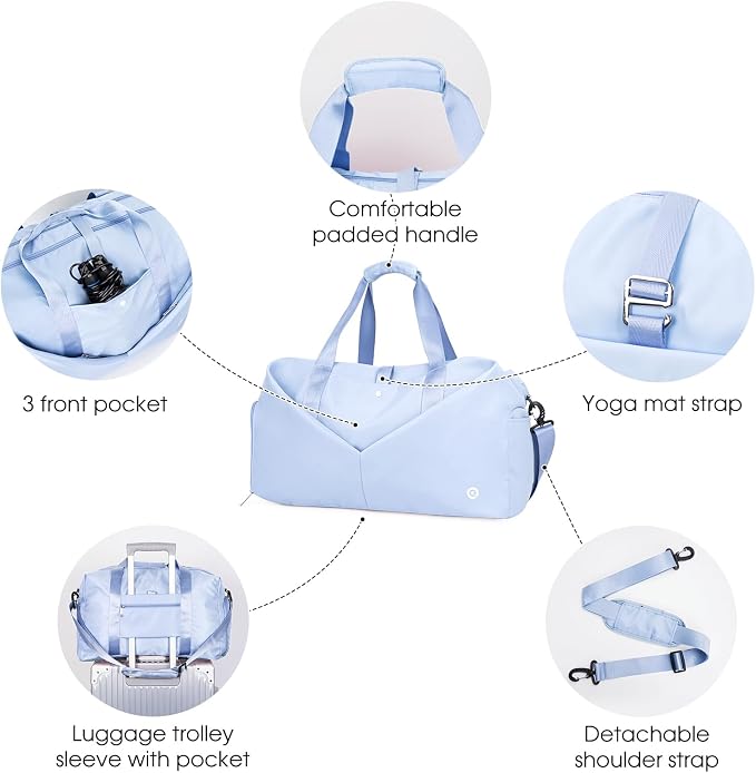 Ceneda 20" Gym Bag for Women with Wet Pocket & Shoe Compartment, Lightweight Duffel Waterproof Carry On Duffle for Travel, Yoga, Overnight (Light Blue)