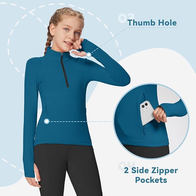 baleaf Girls Long Sleeve Shirts Fleece Jacket Fall Half Zip Pullover Kids Sweatshirts Athletic Thermal Coat