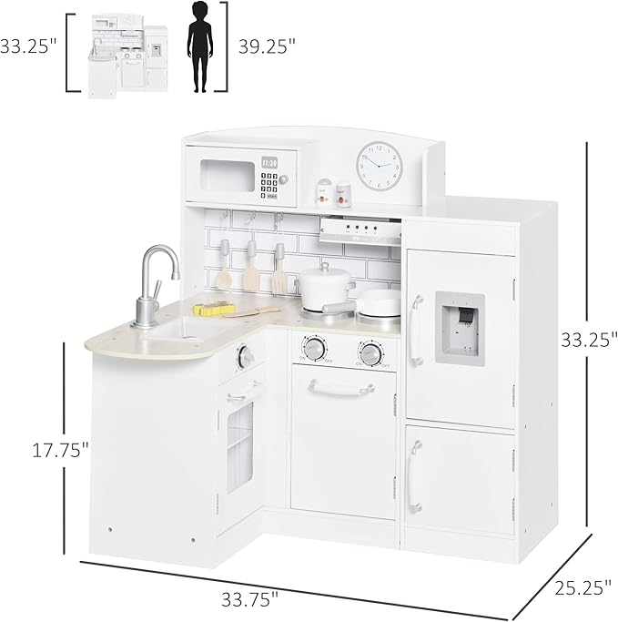 Qaba Corner Kids Kitchen Playset, Wooden Pretend Toy Kitchen Set with Drinking Fountain, Microwave, Fridge and Accessories, Pretend Play Kitchen for 3+ Years, White