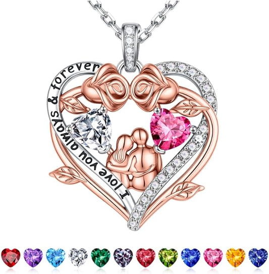 Iefil Valentines Gifts for Her Wife - 925 Sterling Silver Double Heart Birthstone Necklace, Anniversary Birthday Gifts for Women Wife Girlfriend