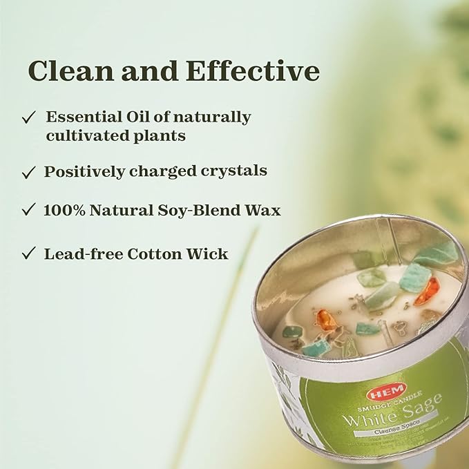 HEM White Sage Candle with Crystals & Sage Leaves – 9.5oz Natural Soy Wax, 65 Hrs Clean Burn | Earthy Smudge Candle for Cleansing, Meditation & Relaxation | Long Lasting Spiritual Gift (Pack of 3)