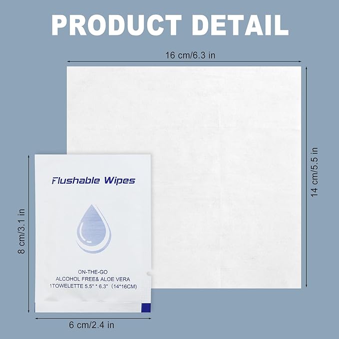 50 Flushable Wipes Travel Size Individually Wrapped for Women and Men | Unscented Wet Wipes Travel Size with Aloe Vera,Pure Water,Alcohol Free for Adult,Women,Men,Girl and Homeless(White)