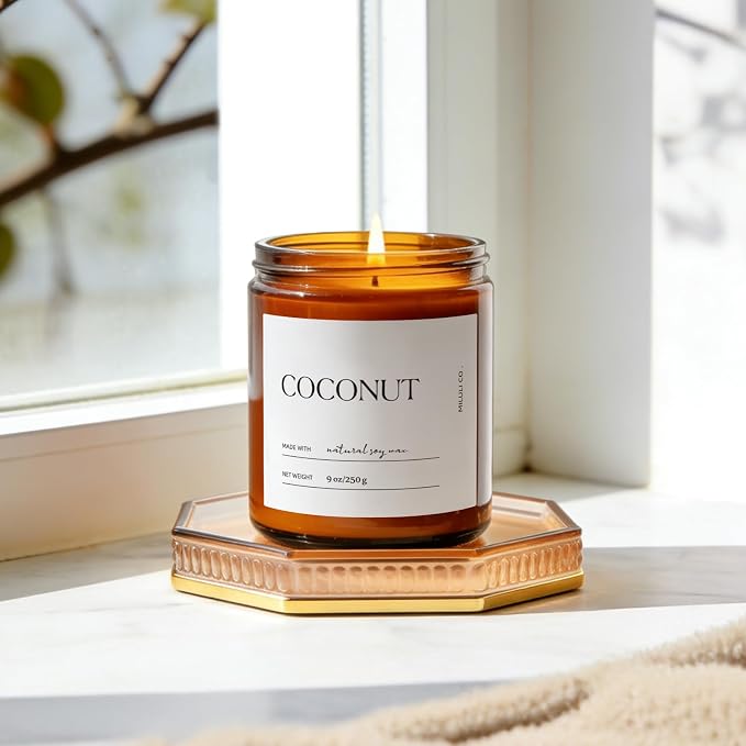 Coconut Scented Soy Candle for Home, Natural Aromatherapy Candles with Essential Oils, Nontoxic Clean Burn, Strong Balanced Scent, 50 Hour Longlasting, Amber Jar Candel for Women Men(9oz)
