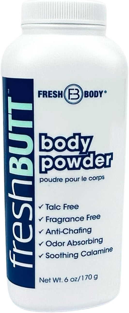 Fresh Butt Body Powder for Men & Women - Talc-Free with Calamine for Friction Fighting, Anti-Chafing, Anti-Itch, Odor & Sweat Absorbing, Unscented, 6oz