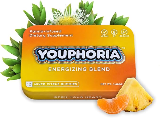 Youphoria Kanna Gummies, 600mg Vegan Botanical Supplement for Mood Support, 12 Count (Pineapple & Tangerine)