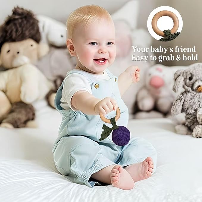 Wooden Baby Rattle Toys Stuffed Crochet Rattle with Teether Ring for Newborn Babies Fruit Wooden Teether Toy Infant Toddler Handcrafted Crochet Rattles Cute Shower Gifts for Boy and Girls