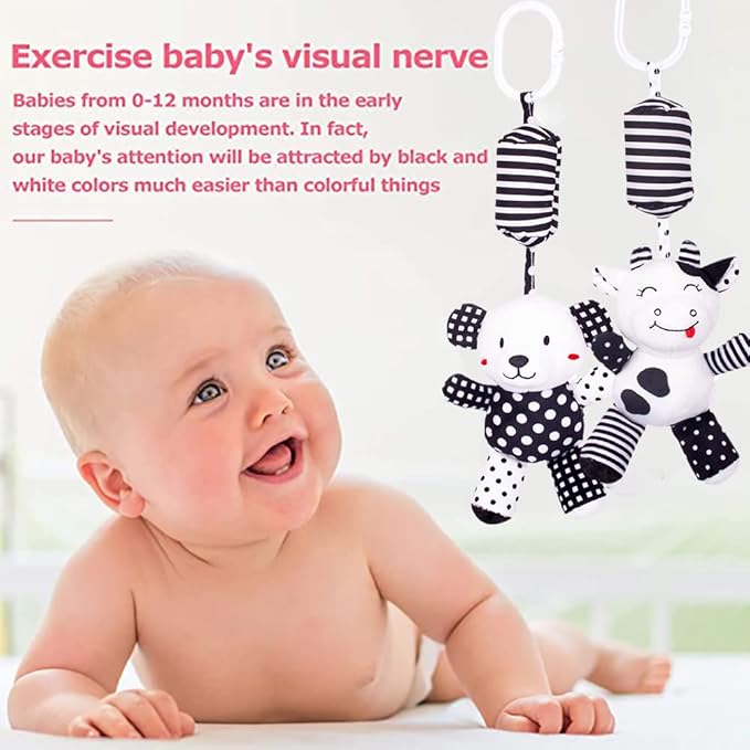 Baby Car Seat Toys, Black White Stroller Toy, Hanging Rattle Toys for Crib Mobile, Newborn Sensory Toy for 0-12 Months (Calf/Panda)