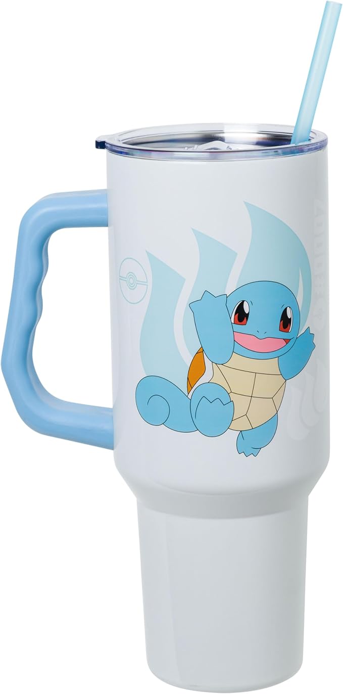 Silver Buffalo Pokémon Stainless Steel Tumbler with Handle Featuring Squirtle, Fits in Standard Cup Holder, 40 Ounces