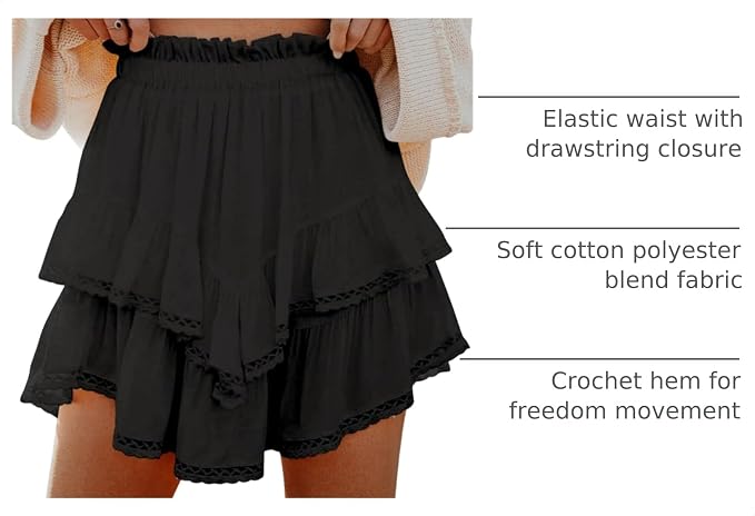 Flowy Shorts for Women Casual Boho Ruffle Tiered Skorts High Waist Mini Skirts Golf Tennis Crochet Shorts