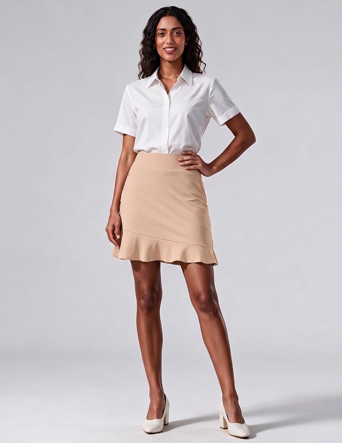 PINSPARK 18" Golf Skorts for Women with 6 Pockets Ruffle Athletic Skort | Above the Knee,High Waist,UPF 50+,4-way Stretch,Lightweight,Ruffle Hem,Tennis,Casual,Work,Pickleball