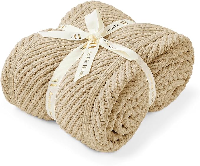 Knit Throw Blanket, Soft Chenille Cozy Breathable Chevron Chunky Decorative Blanket for Couch, Bed & Sofa, French-Inspired Lightweight Warm Gift for Women, Beige, 50"x60"