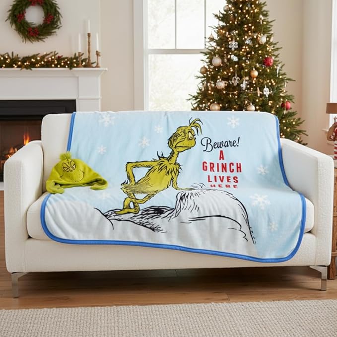 Dr. Seuss The Grinch Holiday Christmas Bedding Super Plush Cozy Throw, 40 in x 50 in, Bonus Grinch Hat Included (Officially Licensed Product) by Franco