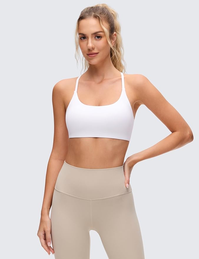 CRZ YOGA Butterluxe Twist Cross Back Sports Bras for Women - U Neck Padded Adjustable Spaghetti Straps Yoga Top