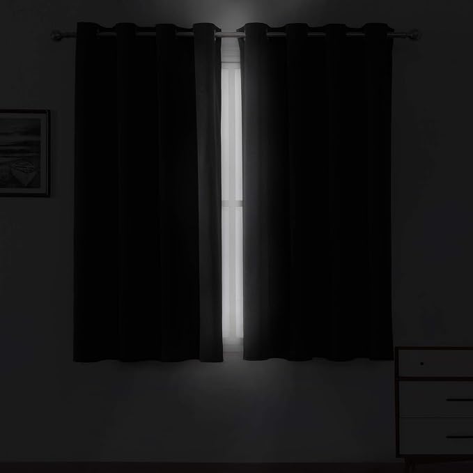 LEMOMO Black Blackout Curtains 52 x 63 Inch Length/Set of 2 Curtain Panels/Thermal Insulated Room Darkening Curtains for Bedroom and Living Room