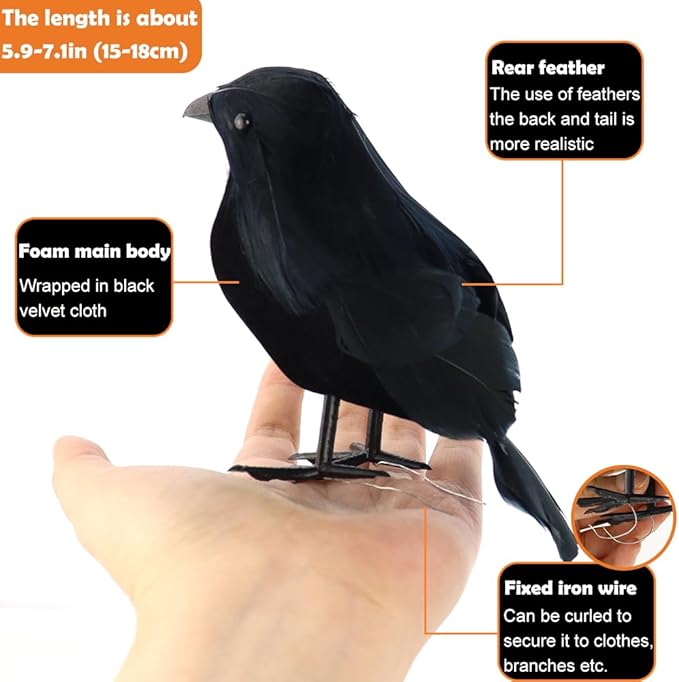 AEVBSOY 3 Pack Black-Feathered Crows Halloween Decorations - Realistic Artificial Handmade Black Feathered Crows for Halloween Party & Outdoor/Indoor Decorations