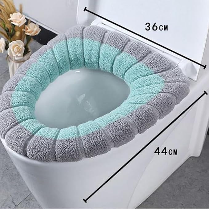 Soft Toilet Seat Cover for Fit, Thick Warm Stretchable Polyester Pad with Reusable Washable Bathroom Mat, Machine Washable Winter Warm Toilet Protector(Green with gray A)