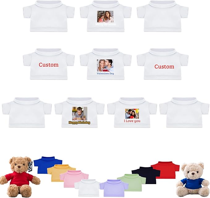 10 Pcs Custom Teddy Bear Clothes with Photo Text, Personalized Stuffed Animal Clothing Fit 8-16inch Stuffed Bear Clothing, Personalized Doll Clothes Make Your Own Plush Doll Shirt