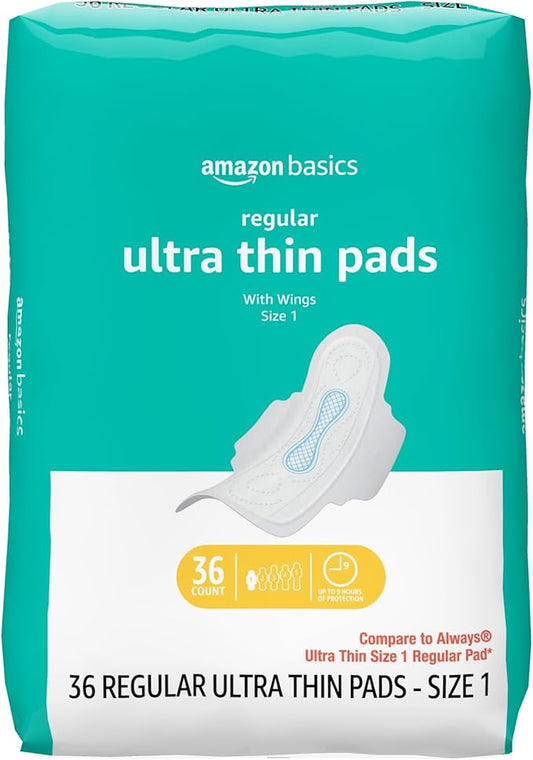 Amazon Basics Regular Absorbency Feminine Pads for Women, Ultra Thin with Flexi-Wings, Unscented, Size 1, 8-Hour Protection, Leak Prevention, 36 Count