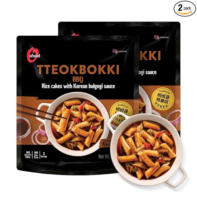 O’Food Tteokbokki Korean Rice Cakes – [BBQ | Pack of 2] – Healthy/Savory/Bold/Fiery, 0 Cholesterol/ 0 Trans Fat/No MSG/No Corn Syrup, Spicy Street Snack, Ready in Minutes