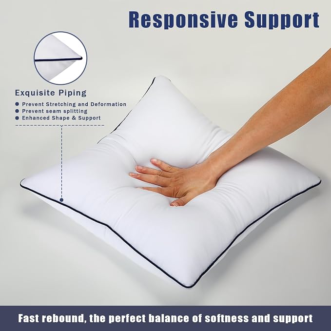 Throw Pillow Inserts Set of 2-Fluffy Square Cushions with 100% Cotton Covers-Decorative White Pillow Fillers for Sofa, Bed, Couch, Living Room, Indoor Hotel Pillows (24x24 Inch (Pack of 2)-Blue Edge)
