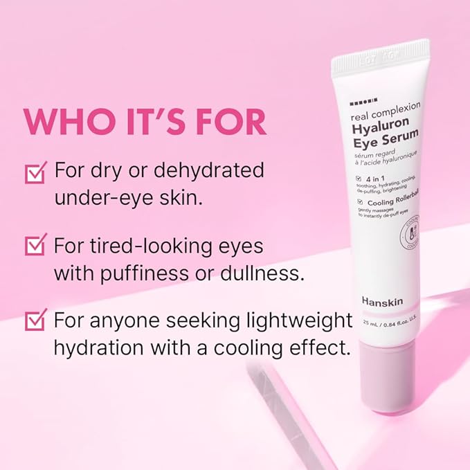 Hanskin Hyaluron Eye Serum – Korean Hydrating Eye Care | 4 Types of Hyaluronic Acid & Cooling Metal Applicator | De-Puffing, Smoothing & Brightening for Tired, Dry Skin | 0.85 fl oz