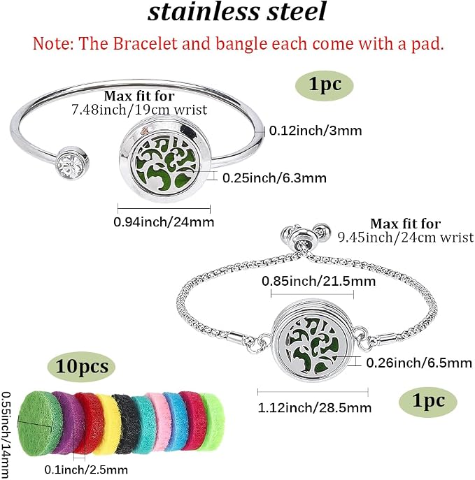 SUNNYCLUE 1 Box 2 Sets Tree of Life Essential Oil Bracelet Blank Bangles bulk with 10Pcs Refill Pads Stainless Steel Aromatherapy Diffuser Locket Adjustable Band Jewelry for Women Birthday Gifts Adult