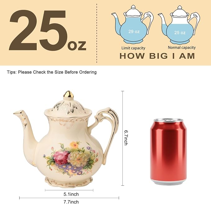 YOLIFE Flowering Shrubs Teapot, 25 OZ/ 3 Cup Vintage Ivory Porcelain Tea Pot, Ivory Floral Teapot with Gold Trim