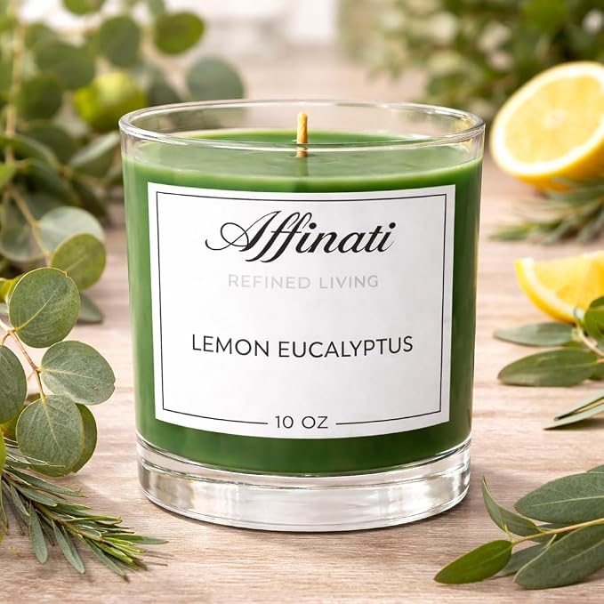 Lemon Eucalyptus Affinati 10 oz Scented Candle for Home – Long Lasting Fruity Soy Blend Candle with Wooden Wick, Strong Scent Throw Glass Jar Candles, Premium Clean Burning Aromatherapy Gifts