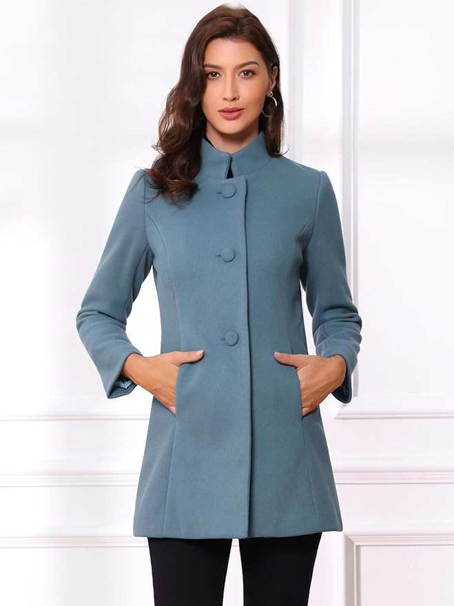 Allegra K Women's Winter Overcoat Mid-Long Stand Collar Single Breasted Coat Outerwear