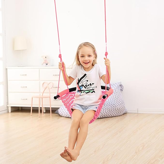 Hand-Knitting Toddler Swing, Swing Seat for Kids with Adjustable Ropes, Little tikes Swings Set, for Outdoor Indoor, Playground, Backyard (Pink)