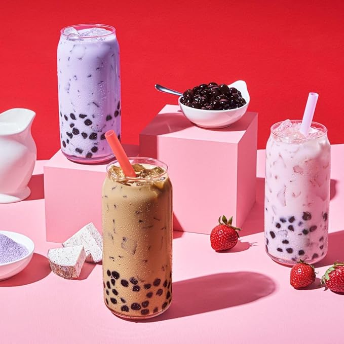 Boba Bundle Kit 10 Serv. Instant Bubble Pearl Variety Milk Tea Kit with Authentic Brown Sugar Tapioca Pearls by Yulu Foods - Ready in Under 1 Minute, Includes Paper Straws - Gift Box, Holiday (Classic, Taro and Strawberry)