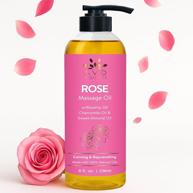 AVD Organics Rose Massage Oil 236 ML|Infused with Olive Sweet Almond and Jojoba Oil | Hydrating & Soothing | Made with Natural Ingredients | for Skin and Body|Ideal for Both Men and Women|8 fl oz