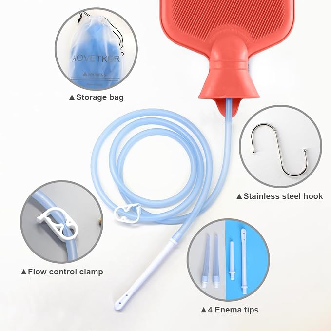 Enema Bag Kit for Women & Men, Colon Cleanse Enema Bag 2L with 4 Tips & Flow Control Clamp, 5ft Hose, Hook, Storage Bag