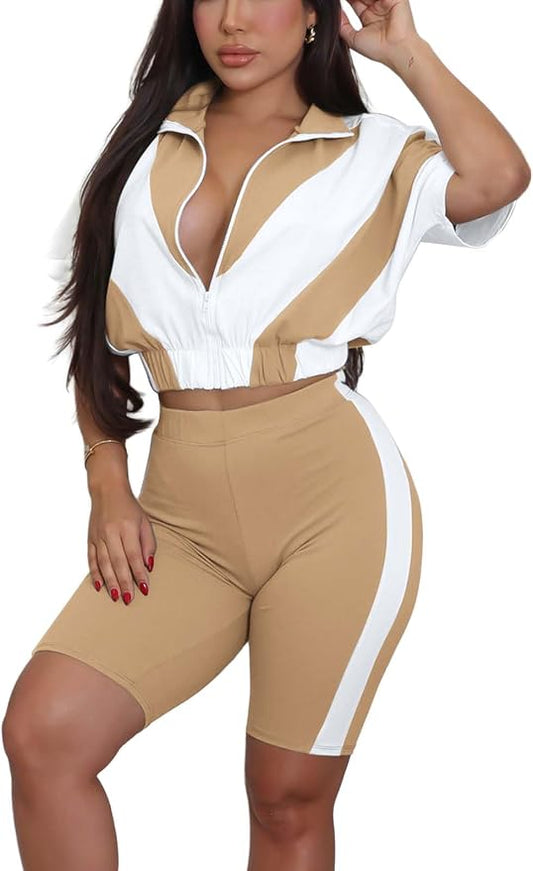 Adogirl Women 2 Piece Outfits Summer Tracksuit Color Block Short Sleeve Full Zip Up Cropped Jacket Bodycon Shorts Lounge Sets