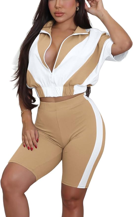 Adogirl Women 2 Piece Outfits Summer Tracksuit Color Block Short Sleeve Full Zip Up Cropped Jacket Bodycon Shorts Lounge Sets