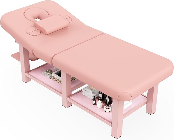Extra Large 34''×80'' Folding Stationary Massage Table with Adjustable Backrest, Heavy-Duty Metal Frame PU Leather Treatment Bed for Spa, Physical Therapy, Tattoo, Facial & Medical Exam - Pink