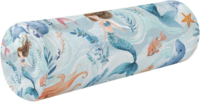 Watercolor Mermaid Dolphin Blue Neck Roll Pillow Bolster Round Health Memory Foam Long Cervical Cylinder Pillows with Removable Washable Cover for Body Bed Legs Back Yoga