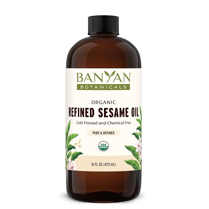 Banyan Botanicals Organic Refined Sesame Oil – Premium Ayurvedic Massage Oil for Body & Skin – Light & Mild Scented Warming Oil for Abhyanga Self-Massage – 16 oz – USDA Organic