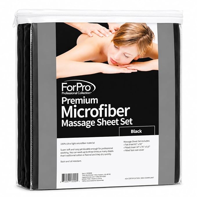 ForPro Professional Collection Premium Microfiber 3-Piece Massage Sheet Set, Black, Ultra-Light, Stain, and Wrinkle-Resistant Includes Massage Flat and Fitted Sheet and Massage Face Rest Cover