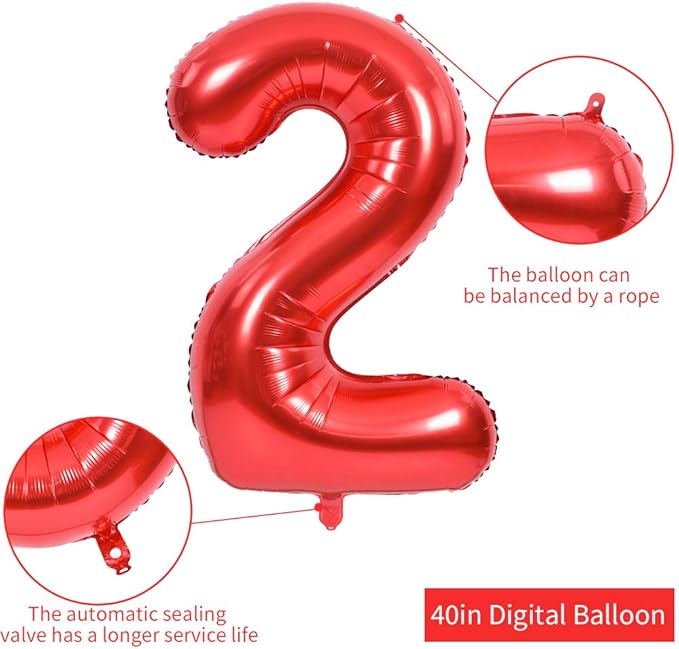 TONIFUL 40 Inch Red Large Numbers Balloons 0-9, Number 2 Digital 2 Helium Balloons, Foil Mylar Big Number Balloons for Birthday Party Anniversary Supplies Decorations