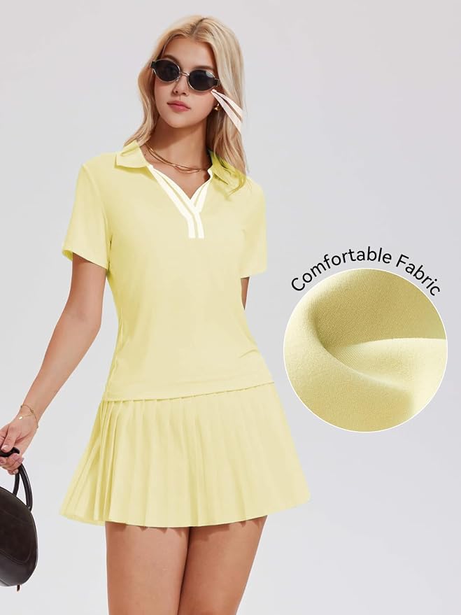 Tennis Skirt Set for Women Color Block V Neck Golf Pickleball Outfits Pleated Athletic Two Piece Skirts Sets