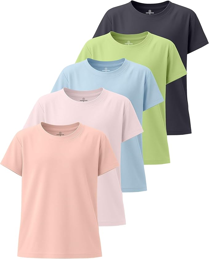 Real Essentials 5 Pack: Girls' Short Sleeve Dry-Fit Athletic T-Shirt - Active Gym Crew Neck Tops for Teens Kids (Ages 4-16)