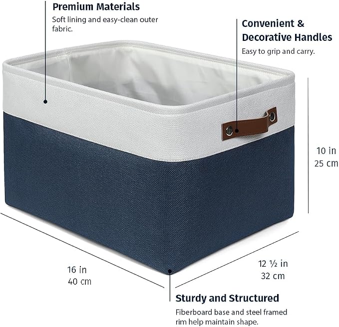 OrganiHaus 16x12.5in Storage Baskets, 3 Pack - Fabric Bins for Shelves | Vegan leather handles; a decorative linen closet organizer, towel and clothes container