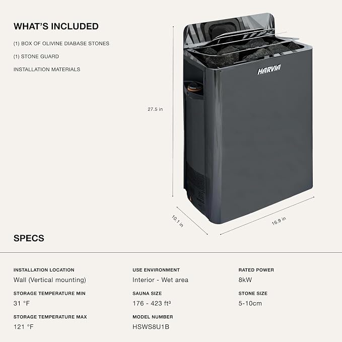 Harvia The Wall Electric Sauna Heater, Powerful 240V Sauna Stove for Medium Sized Rooms, Illuminated Operating Panel, Electric Heater for Dry Sauna Room, Includes Stones (8kW - Black)