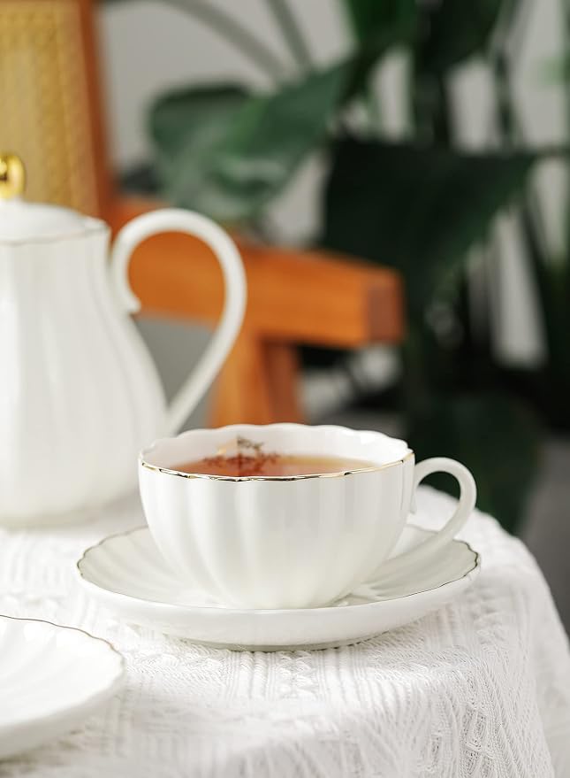 Royal Tea Cups and Saucers, with Gold Trim and Gift Box, British Coffee Cups, Tea Cup Set, Porcelain Tea Set, Cappuccino Cups, Latte Cups, Set of 6 (8 oz)- White