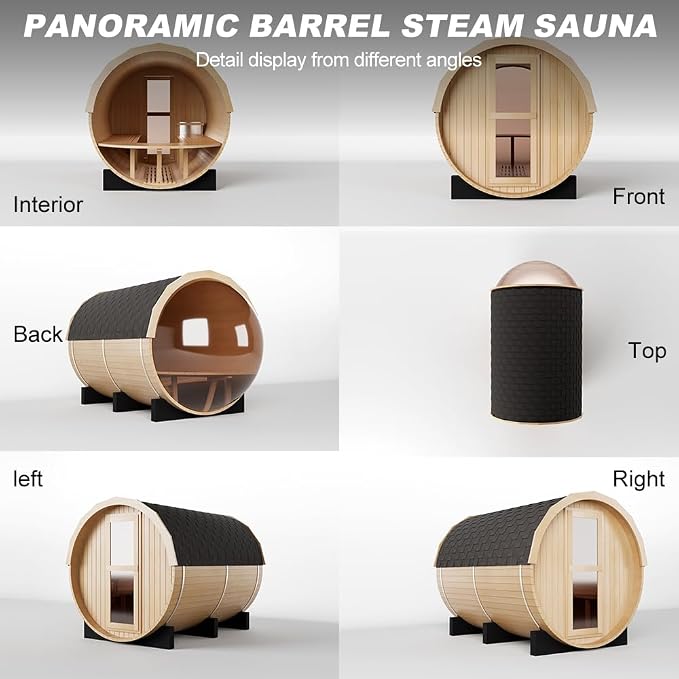 Outdoor Wooden Panoramic Barrel Sauna, 4-6 Person Sauna Room 220V， 6kw Toule Electric Heater， Accessories and Asphalt Shingle Roof (Red Ceder)