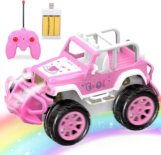 Qizebaby Pink RC Car for Girls, Remote Control Jeep Toy with LED Lights, Rechargeable Off-Road RC Truck, Gifts for Kids Girls Ages 3–7